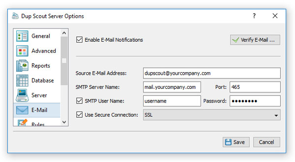DupScout Server E-Mail Configuration